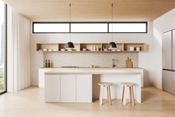 Modern home kitchen interior with bar counter and shelf with dishes, window