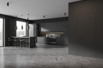 Grey home kitchen interior with bar counter and chairs, cabinet with window