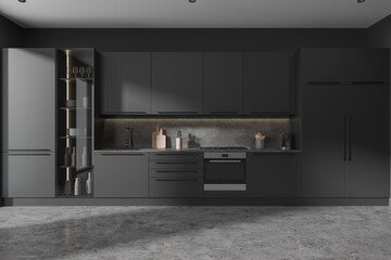 Gray kitchen interior with cabinets and cupboards