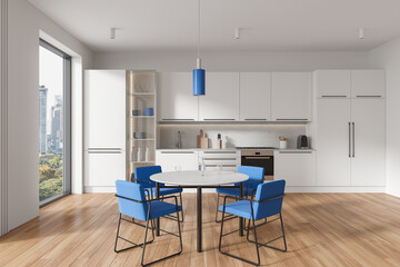 Cozy home kitchen interior with dining table and chairs, shelves with fridge