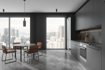 Fototapeta premium Grey home kitchen interior with dining table and chairs, cabinet with fridge