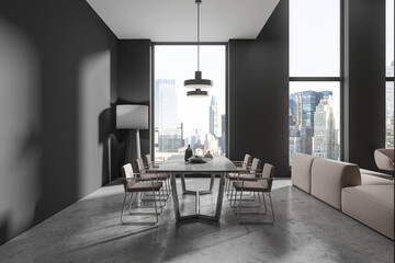 Grey home living room interior with dinner table and chill place, window