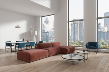 Cozy home living room interior with relaxing and dining space, window