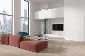 White living room interior with sofa and TV