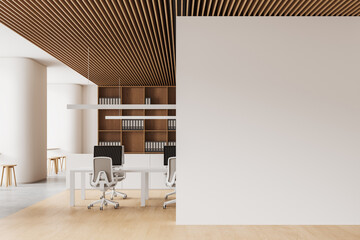 White office room interior with pc desktop on table and shelf, mock up wall