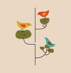 Cute birds illustration retro style image mid century modern vintage mcm talking birds on branch 1950s 1960s wall art print abstract birds scandinavian atomic starburst
