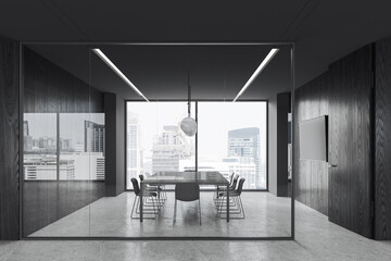 Black glass office room interior with table and chairs, tv screen and window