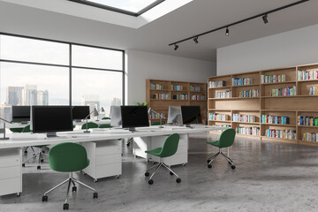 White open space office corner with bookcases