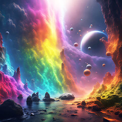 Hintergrund und Vorlage aus fantasievoller Schlucht oder Höhle mit Wasser, wie auf einem fremden Planeten, regenbogen bunt leuchtende Wolken und Planten am Himmel vor einem weiten dunklen Universum - obrazy, fototapety, plakaty