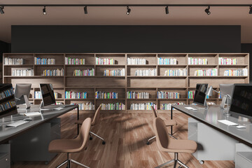 Gray open space office interior with bookcases