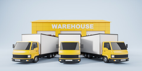 Warehouse with parcels, three delivery vans and mockup copy space