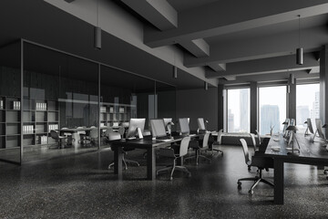 Fototapeta na wymiar Grey office interior with coworking and meeting corner, panoramic window