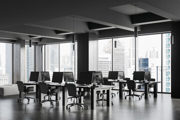 Gray open space office corner with wooden columns