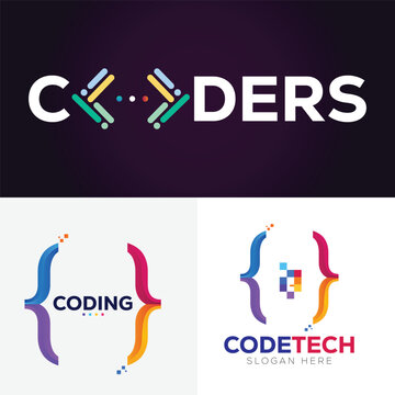 coders programmers logo design template vector,  set of coding programming developers logo vector template