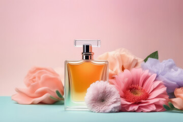 Perfume bottle with flowers placed around it
