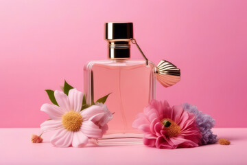 Obraz na płótnie Canvas Perfume bottle with flowers placed around it
