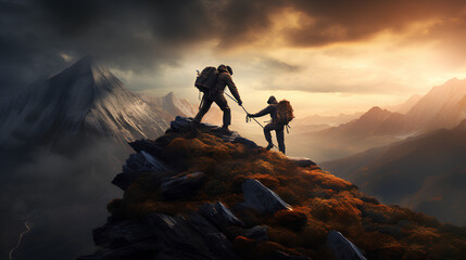 Hiker helping friend reach the mountain top, PNG, 300 DPI
