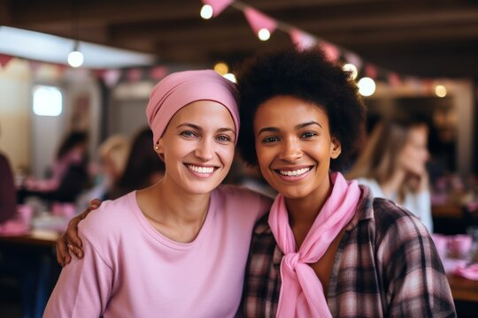 Two Smiling Women of Different Races Wearing Pink Scarves at a Cancer Awareness Event