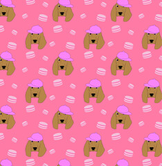 seamless pattern with spaniel dogs and macaroons on pink background, vector illustration, eps