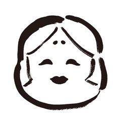 【節分素材】和風の筆描きのおたふくの顔　線画　モノクロ