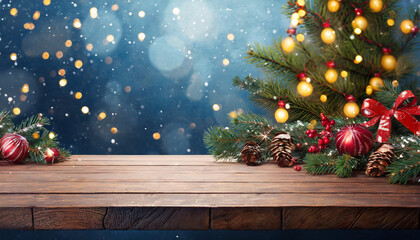Empty wooden table with Christmas theme in background for product display