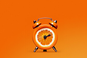 creative alarm clock. orange alarm clock with citrus orange dial on an orange background, creative concept - obrazy, fototapety, plakaty