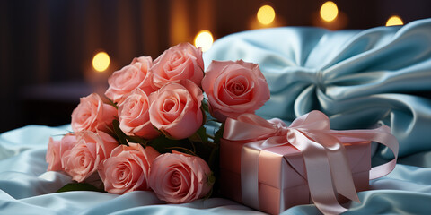 Rosen in pink mit schönen Geschenk in der Box zum Hochzeitstag und Geburtstag im Querfornat für Banner, ai generativ - obrazy, fototapety, plakaty