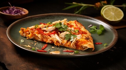 A slice of Thai Chicken Pizza being served on a stylish plate, showcasing its gourmet quality.