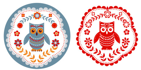 Owl patterned frame and the silhouette of the owl. Emblem, logo, mascot. Folk art. - obrazy, fototapety, plakaty