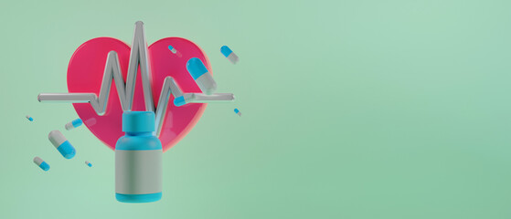 healthcare medical for first aid, hospital element 3d illustration rendering, doctor and medicine drugs with heart
