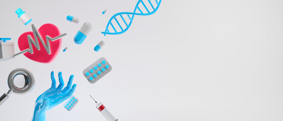 healthcare medical for first aid, hospital element 3d illustration rendering, doctor and medicine drugs with heart