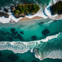 Overhead photo of crashing waves on the shoreline. Tropical beach surf. Abstract aerial ocean 
