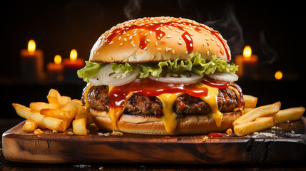 hamburger with fries HD 8K wallpaper Stock Photographic Image