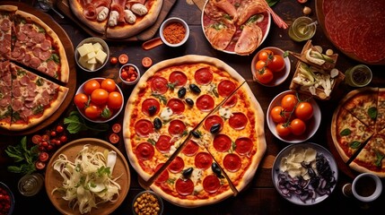 Aerial view of a pizza buffet spread, featuring a variety of slices, each a tempting invitation to indulge in Italian flavors.