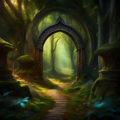 art of a magical portal in the middle of an enchantic spectacula fantastic forest  - obrazy, fototapety, plakaty