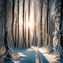 Panoramic view of a winter forest in sunlight