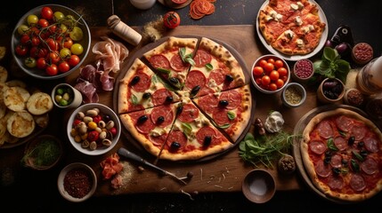 Aerial view of a pizza buffet spread, featuring a variety of slices, each a tempting invitation to indulge in Italian flavors.