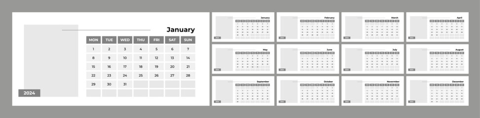 2024 calendar design template with blank space for photo.