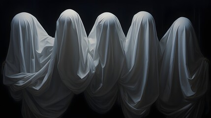 Spectral Figures Shrouded in White Drapery Against Darkness
