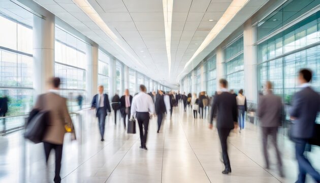 crowd of business people walking in bright office lobby fast moving with blurry, Generative ai 