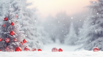 Naklejka na ściany i meble Festive Christmas snowy background with lights and decorations
