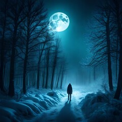 Dark winter forest background at night. Snow, fog, moonlight. Neon figure in the center - obrazy, fototapety, plakaty