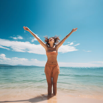 Happy Beautiful young woman with arms up in the air on the beach, PNG, 300 DPI
