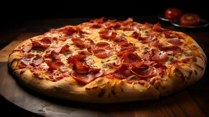 An elegant pepperoni and bacon pizza, captured from a side angle to showcase its toppings.