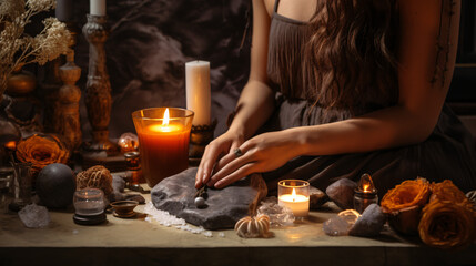 Fototapeta na wymiar Modern witch s altar for energy cleansing magic