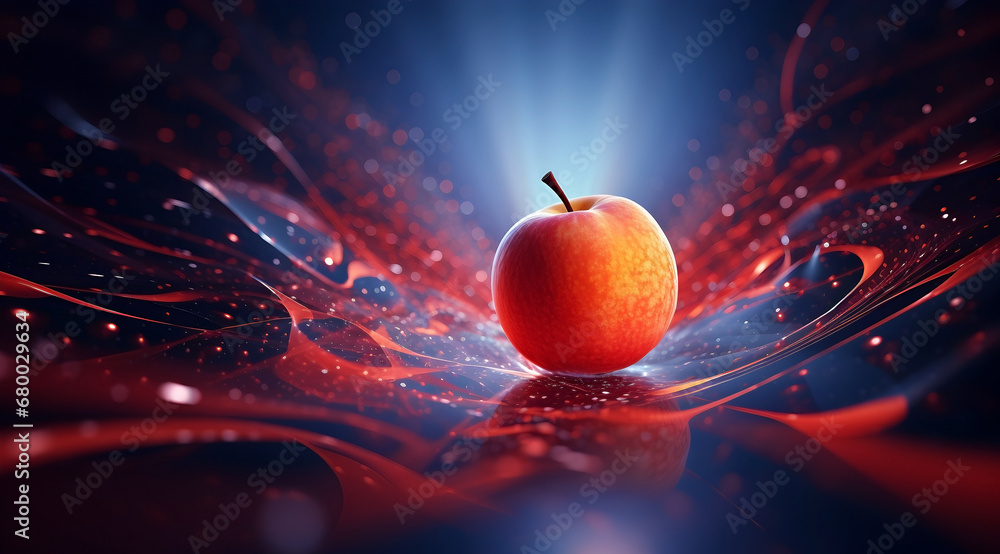 Wall mural A juicy red apple. Abstract illustration of fruit in space environment.