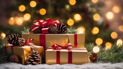Obraz na płótnie Canvas Christmas tree with gift box wallpaper, Christmas wallpaper, Christmas light particles background
