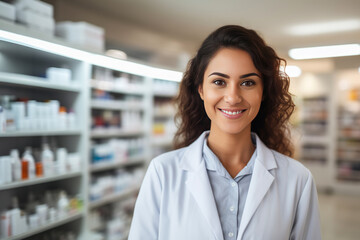 portrait of young woman pharmacist in drugstore - obrazy, fototapety, plakaty