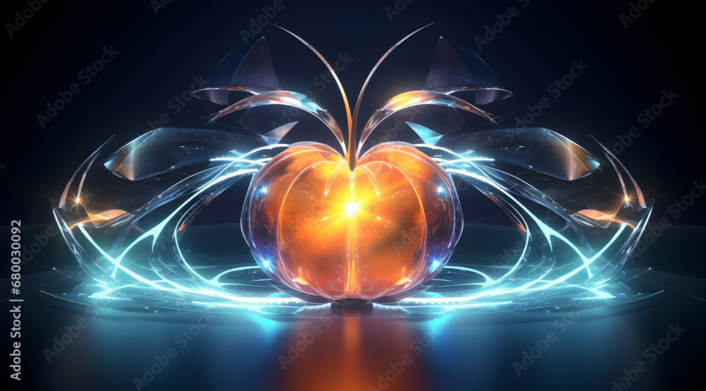 Poster A pumpkin with a white neon glow and dynamic energy. Abstract illustration of fruit in space environment.