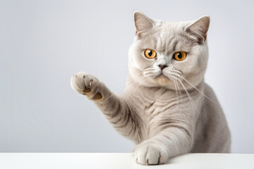 British Shorthair Cat with Paw Raised on White Background